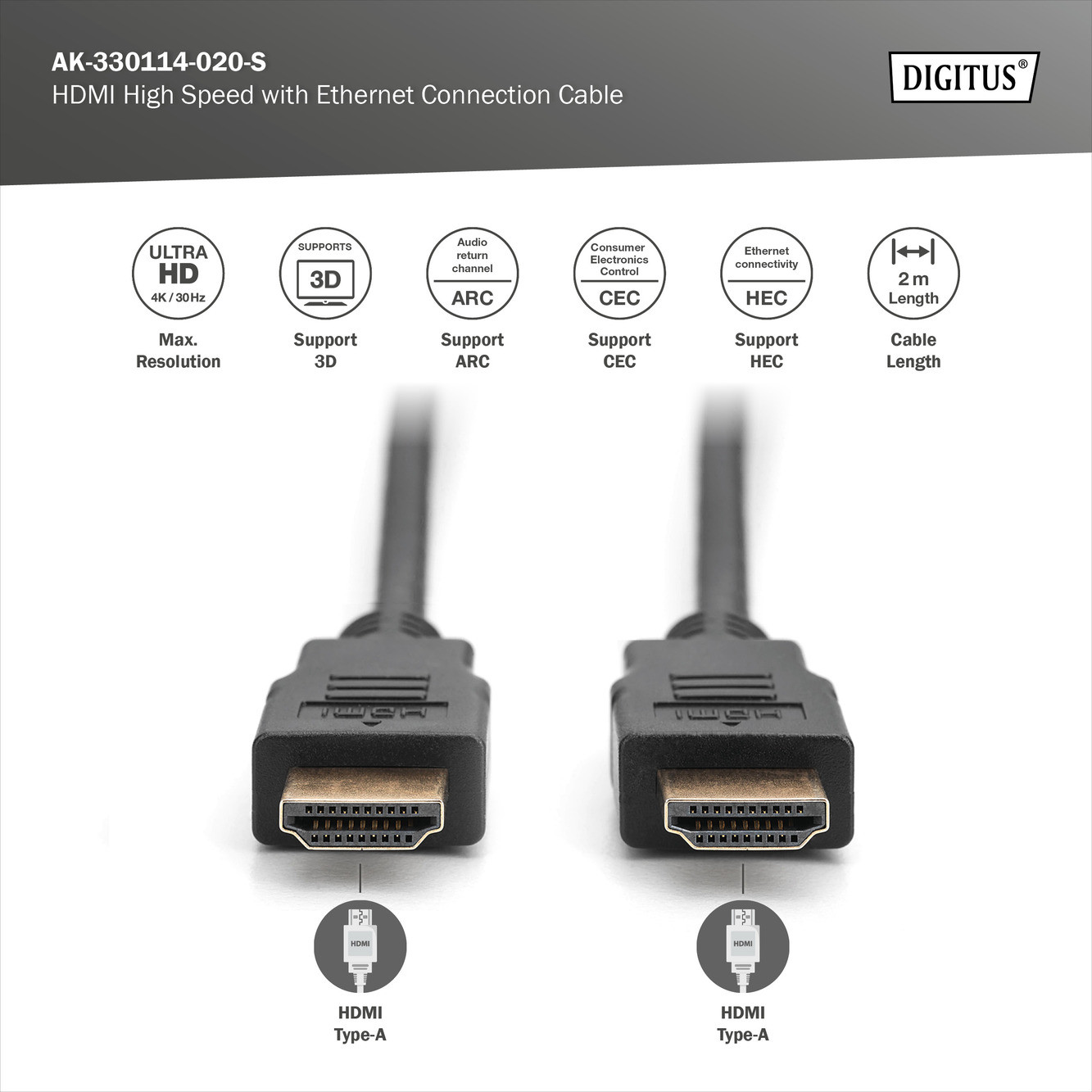 DIGITUS HDMI HS cable, Type A, w/Eth M/M, 2.0m, UHD, 4K 30Hz