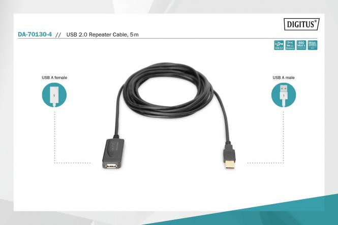 DIGITUS USB 2.0 Repeater cable USB A male / A female, 5m