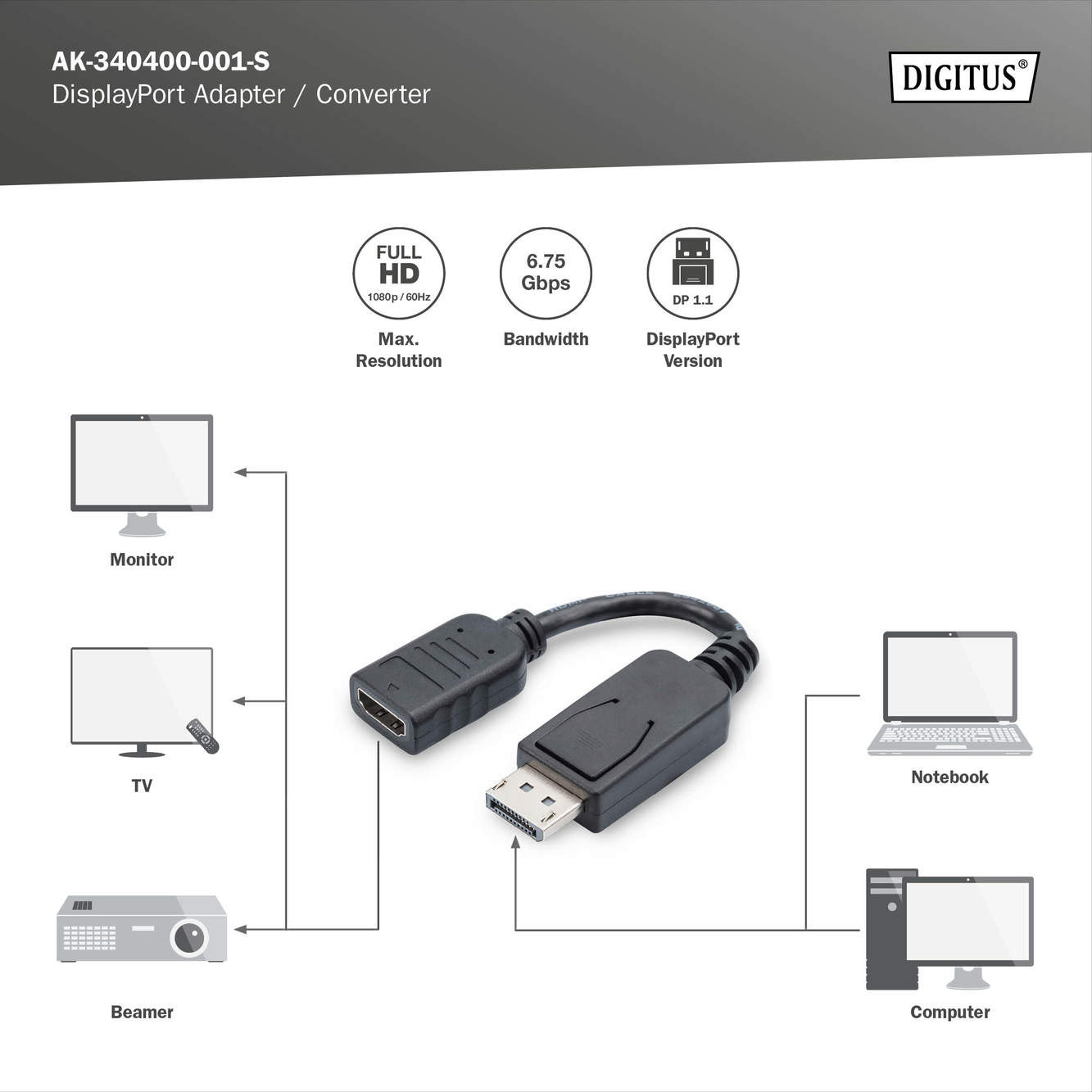 BildeDIGITUS DisplayPort Adapter Cable, Type DP-HDMI A M/F, 0.08m