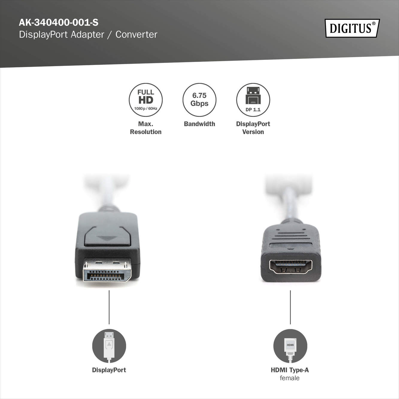 DIGITUS DisplayPort Adapter Cable, Type DP-HDMI A M/F, 0.08m