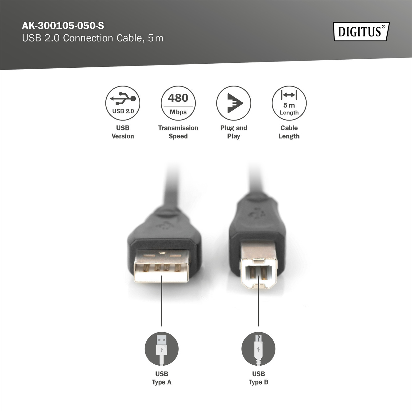DIGITUS USB-A - USB-B cable, 5m