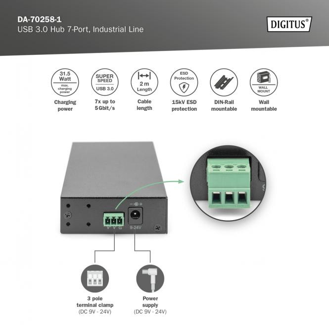 DIGITUS USB 3.0 Hub 7-Port, Industrial Line