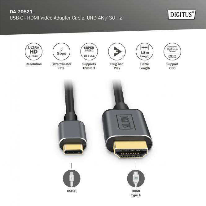 DIGITUS USB-C - HDMI Adapter, 1.8m 4K/30Hz, black