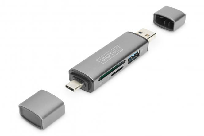 DIGITUS Combo Card Reader Hub (USB-C+USB 3.0) 1x SD, grey