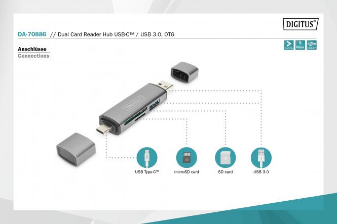 DIGITUS Combo Card Reader Hub (USB-C+USB 3.0) 1x SD, grey