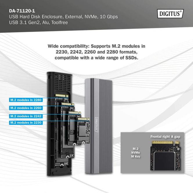 DIGITUS USB hard disk enclosure, NVMe 10Gbps, USB3.1 Gen2