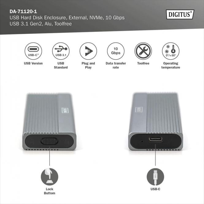 DIGITUS USB hard disk enclosure, NVMe 10Gbps, USB3.1 Gen2