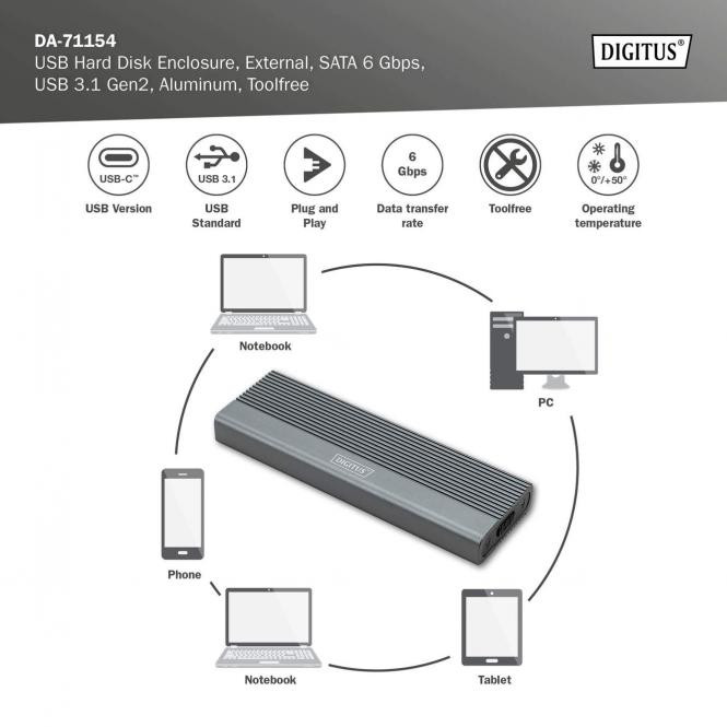 DIGITUS USB hard disk enclosure, SATA 6Gbps, USB 3.1 Gen2