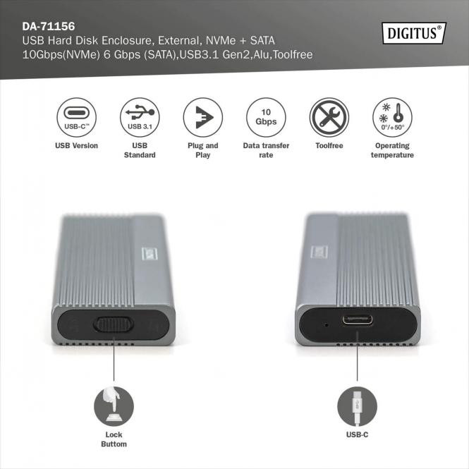 DIGITUS USB hard disk enclosure, NVMe + SATA 10Gbps(NVMe)