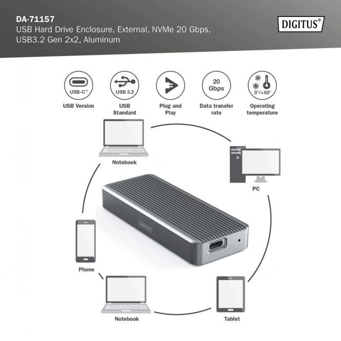 DIGITUS USB M.2 hard disk enclosure, NVMe 20Gbps, USB 3.2