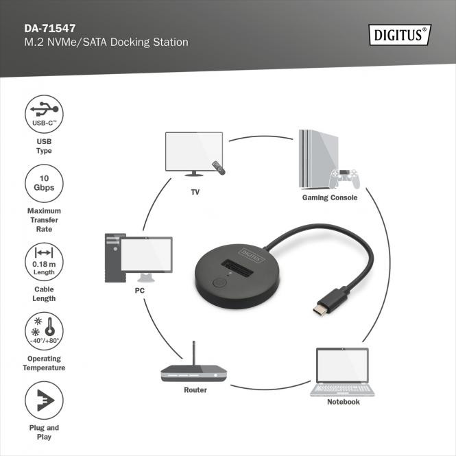 DIGITUS NVMe/SATA Docking Station USB3.2 Gen2 USB-C NVMe