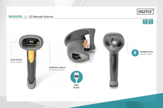 DIGITUS 1D Barcode Scanner, 2m USB-RJ45 Cable