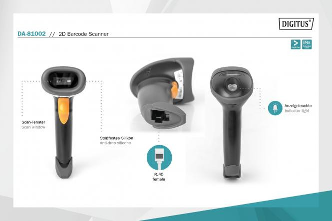 DIGITUS 2D Barcode Scanner, 2m USB-RJ45 Cable, w/ holder