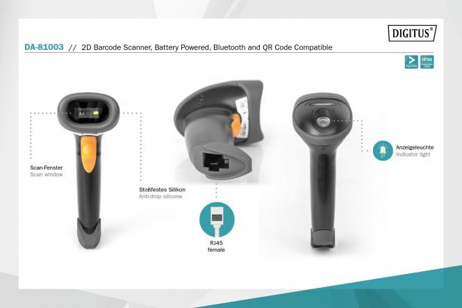 DIGITUS 2D Bluetooth Barcode Scanner 200 scan/sec, w/ holder