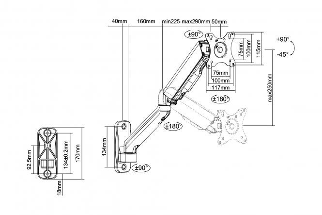 DIGITUS Single Gas Spring Monitor Wall Mount 32'', 9 kg max