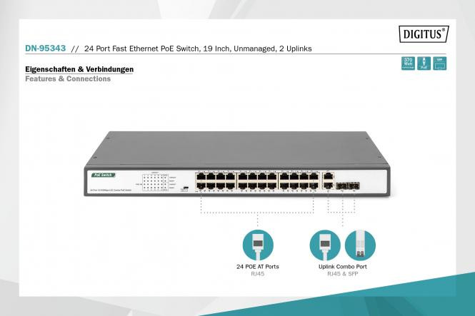 DIGITUS Fast Ethernet PoE Switch 24-port PoE + 2 Combo