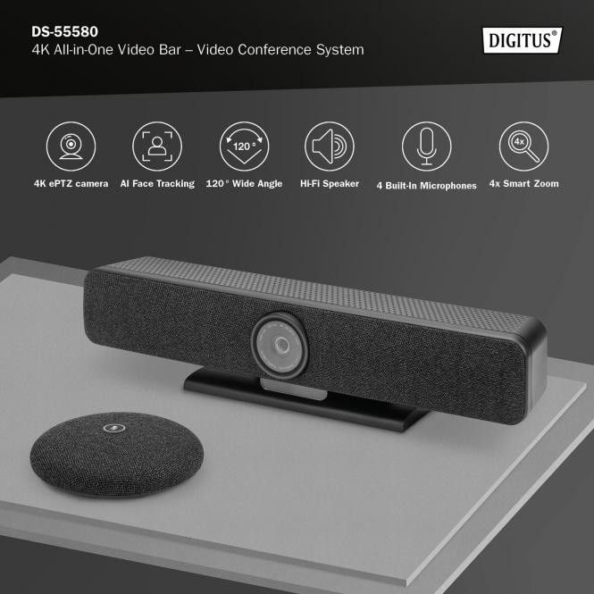 DIGITUS 4K All-in-One Video Bar, Set ePTZ, AI, 1x table mic