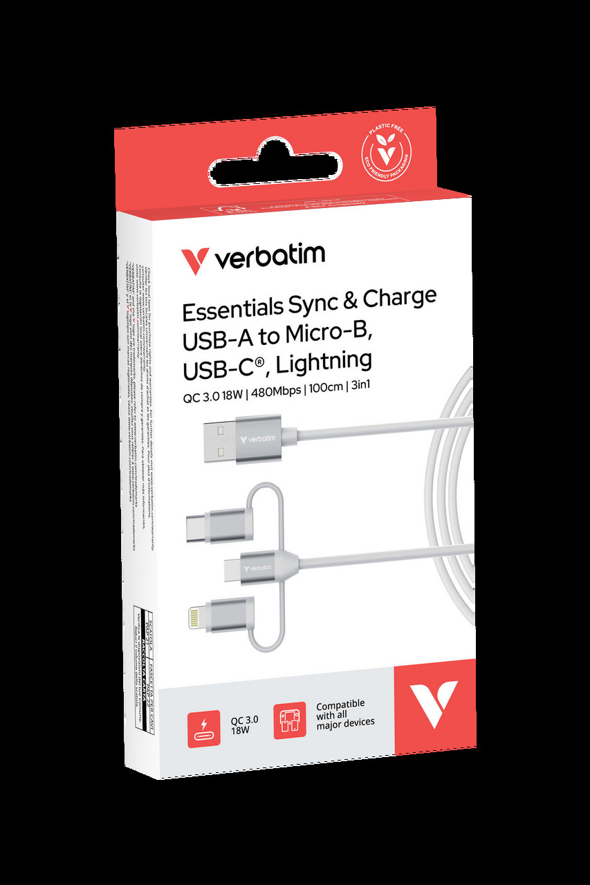 Verbatim Essentials USB-A to Micro-B, USB-C, Lightning, 1m