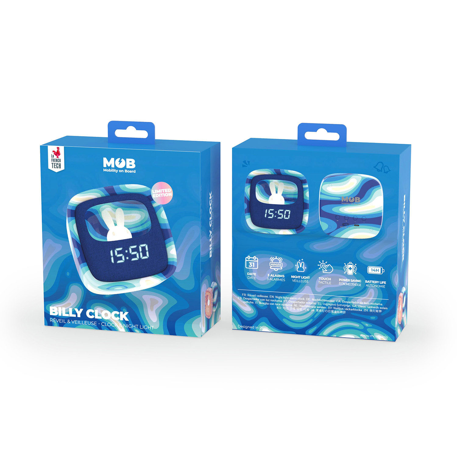 MOB Alarm Clock with Light Billy Clock Blue Wave