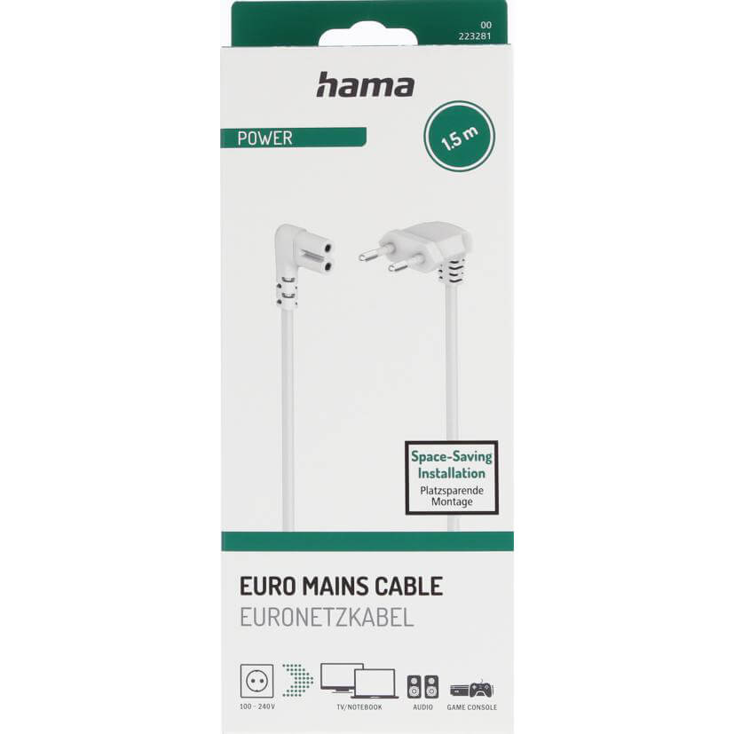 HAMA Power Cable Angled Euro Plug White 1.5m