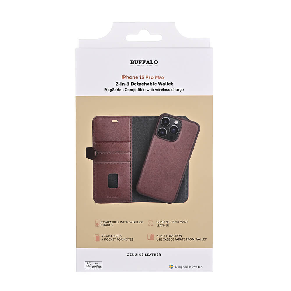 BUFFALO 2in1 Leather 3 card MagSeries iPhone 15 Pro Max Brown
