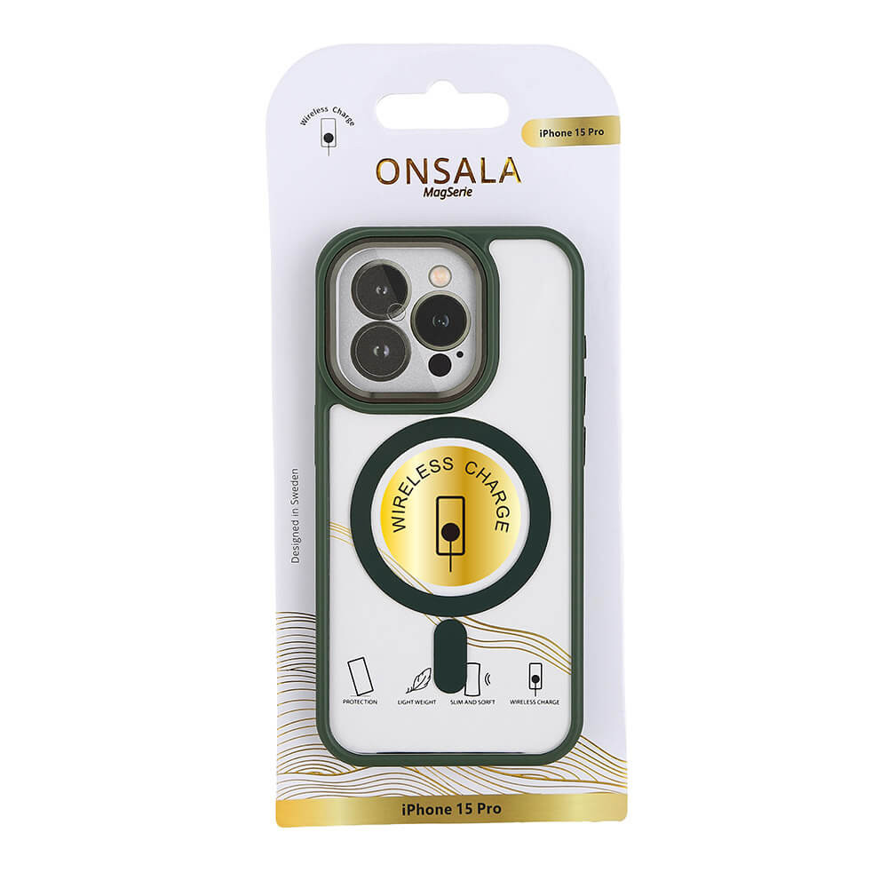ONSALA Back Bumper Clear Case MagSerie iPhone 15 Pro Clear Case Green Bumper