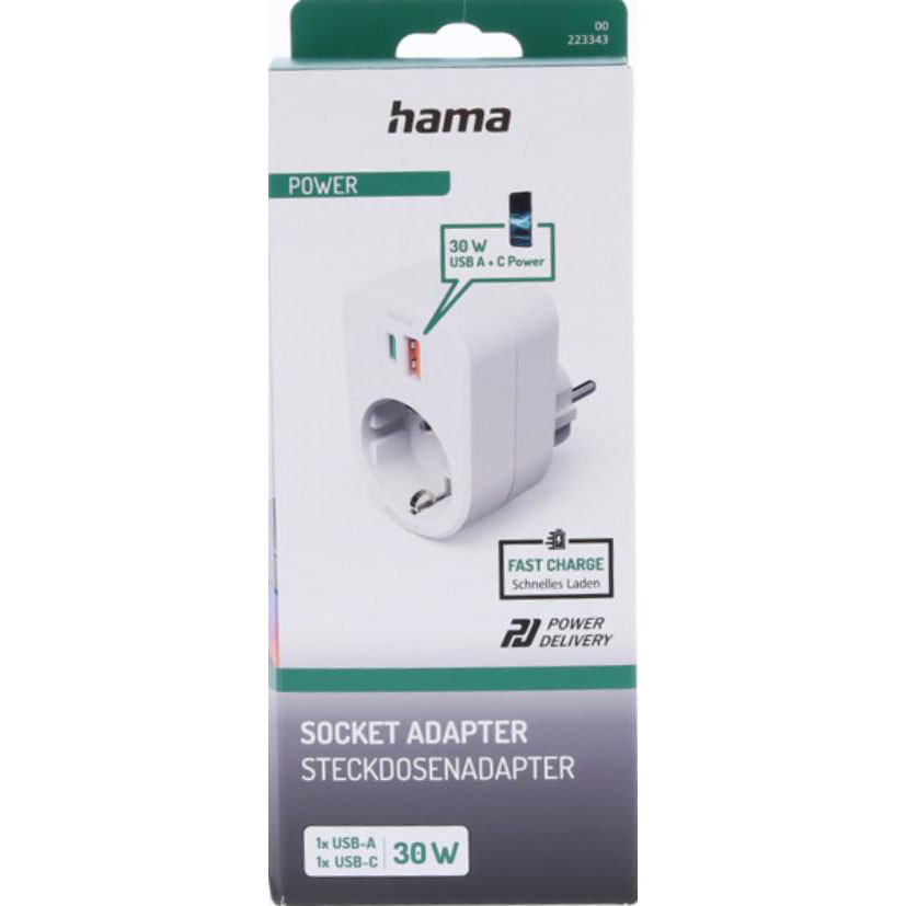 HAMA 220V Socket USB-C/A 30W PD White