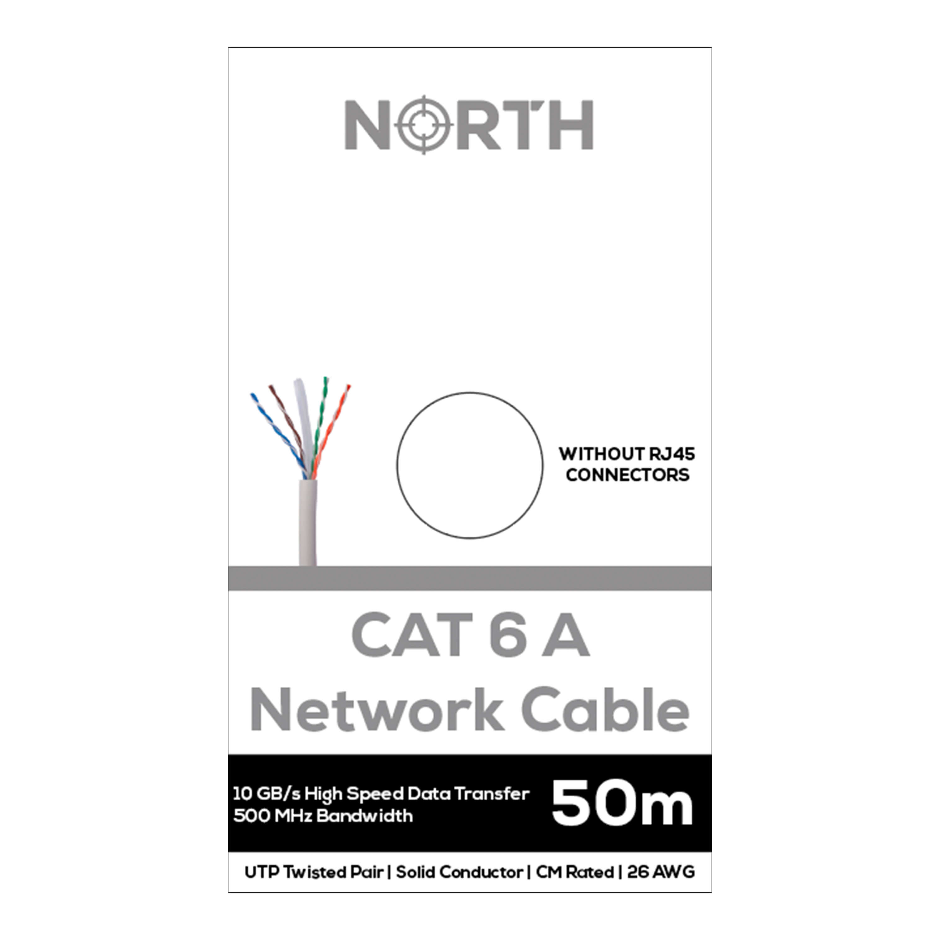 NORTH Nettverkskabel Cat6A UTP Hvit 50m kontaktløs Solid 10Gb/s 500MHz 26awg CM