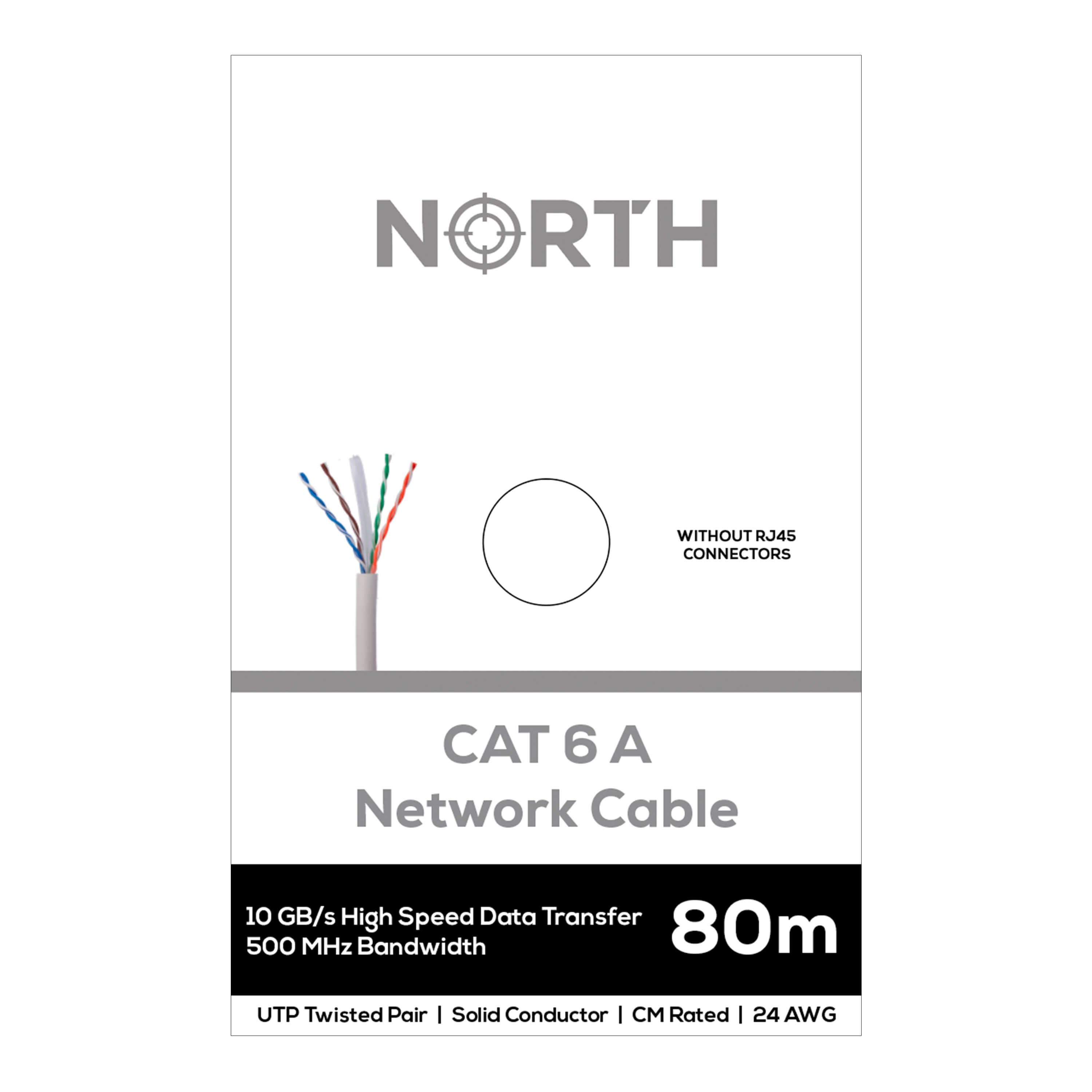 NORTH Nettverkskabel Cat6A UTP Hvit 80m kontaktløs Solid 10Gb/s 500MHz 24awg CM