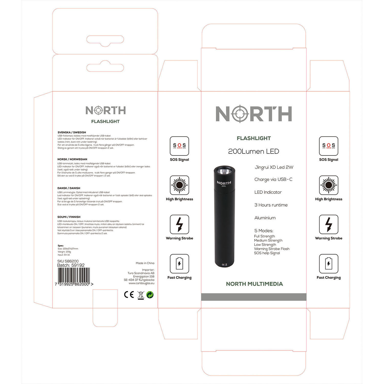 NORTH Lommelykt 200 Lumen Svart Aluminium 2W