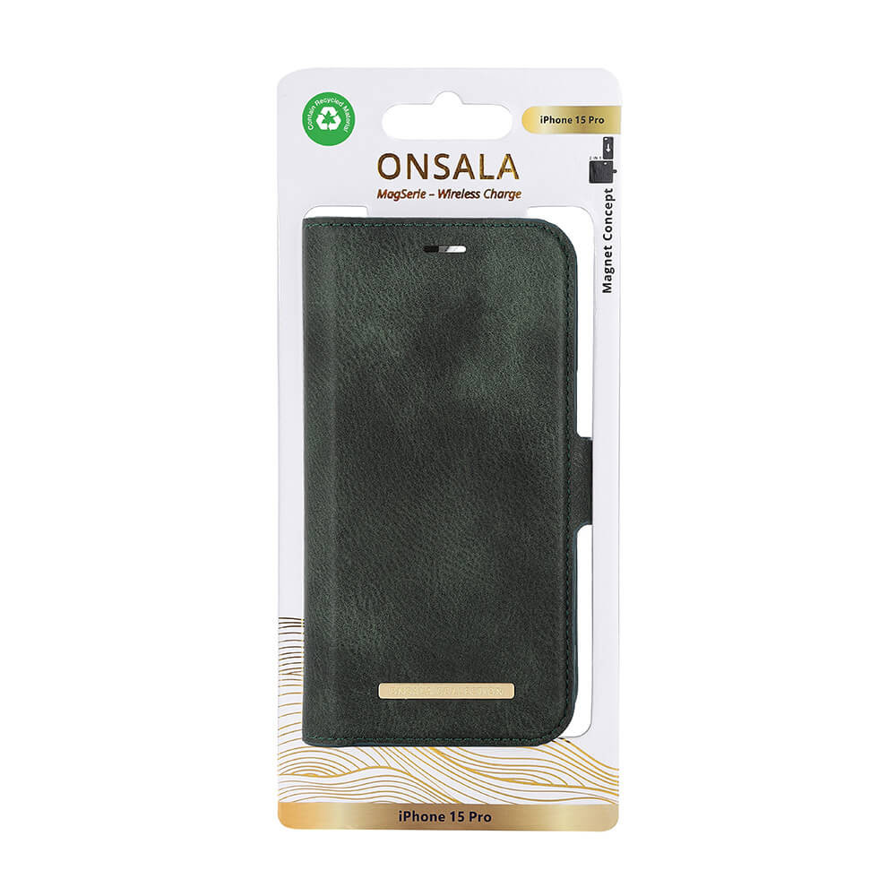 ONSALA Eco Wallet 2 card Recycled MagSerie iPhone 15 Pro Dark Green