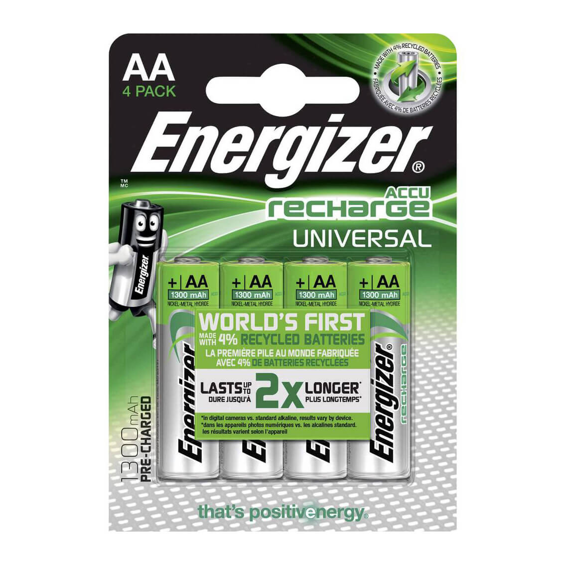 ENERGIZER Batteri AA/LR6 Oppladbar Ni-Mh 1300mAh 4-pack
