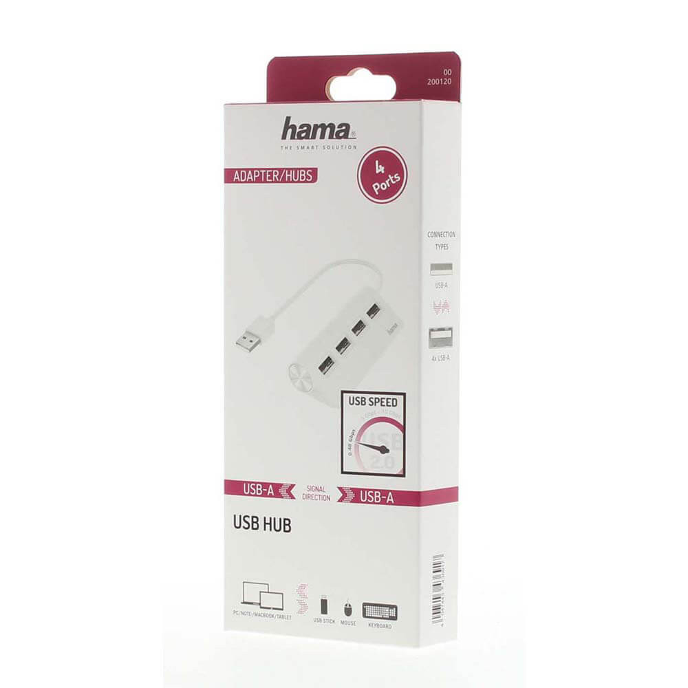 HAMA Hub USB-A 2.0 4x Porter 480 Mbit/s Hvit