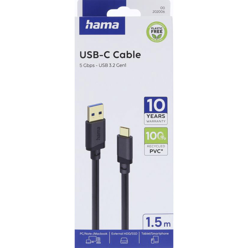 HAMA Cable USB-C - USB-A USB 3.2 5 Gbit/s 1.5m Black