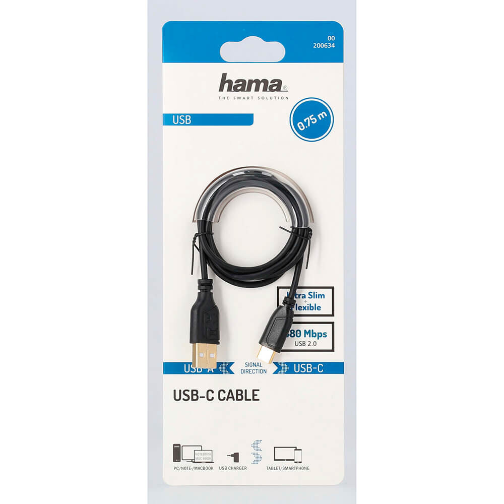 HAMA Cable USB-C Flexi-Slim USB-A-USB-C Gold Black 0.75m