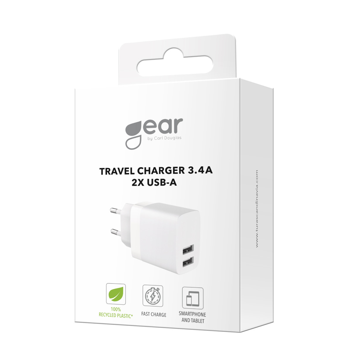 GEAR Charger 220V 2xUSB-A 3,4A White