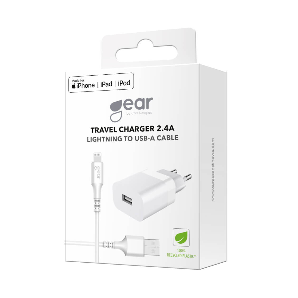 GEAR Lader 220V 1xUSB-A 2,4A HvitLightning Kabel 1m MFI C89