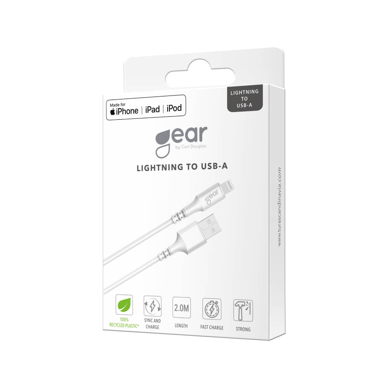 GEAR Synkkabel Lightning to USB-A 2m Hvit MFI Rund Kabel