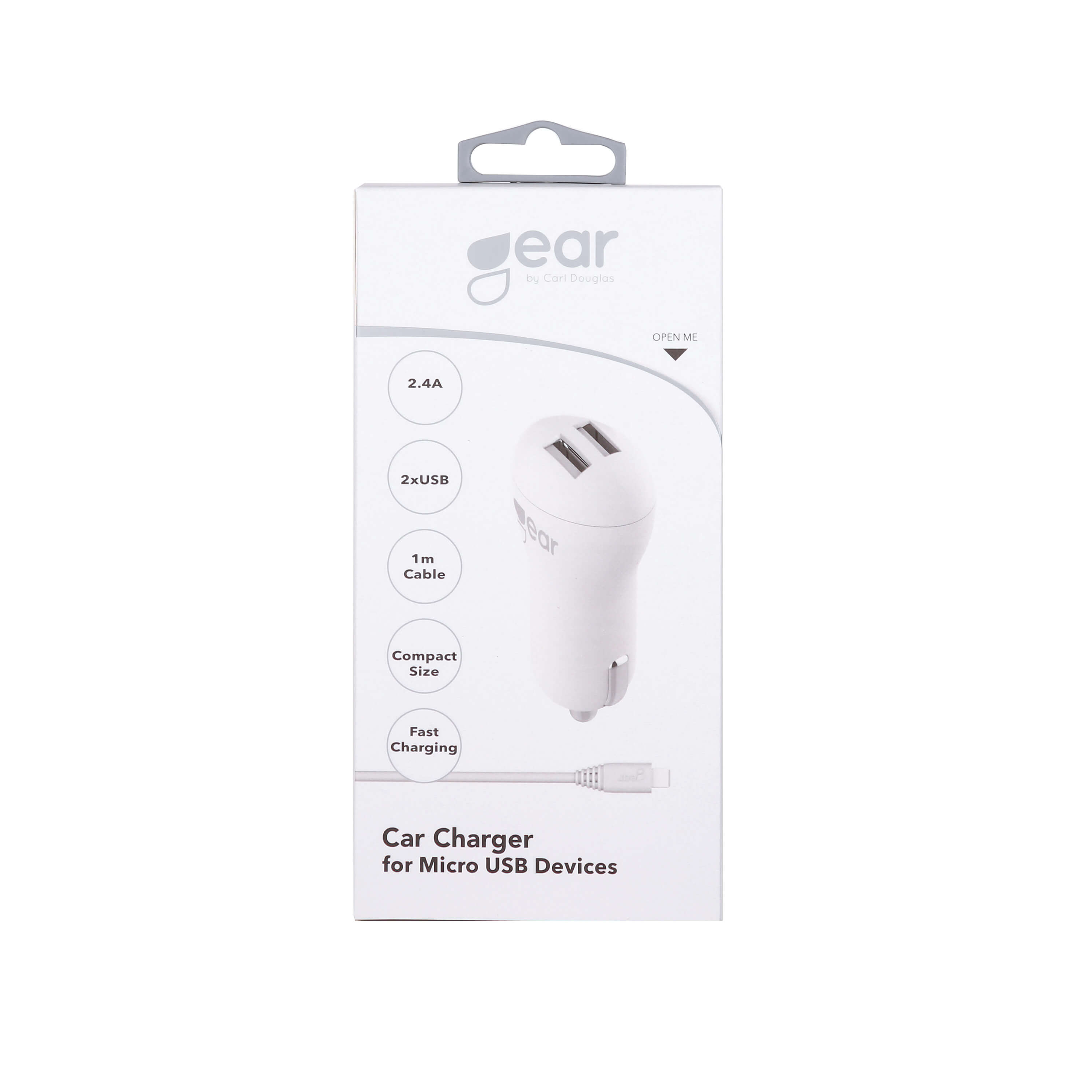 GEAR Lader 12-24V 2xUSB 2,4A Hvit MicroUSB Kabel Rund 1m