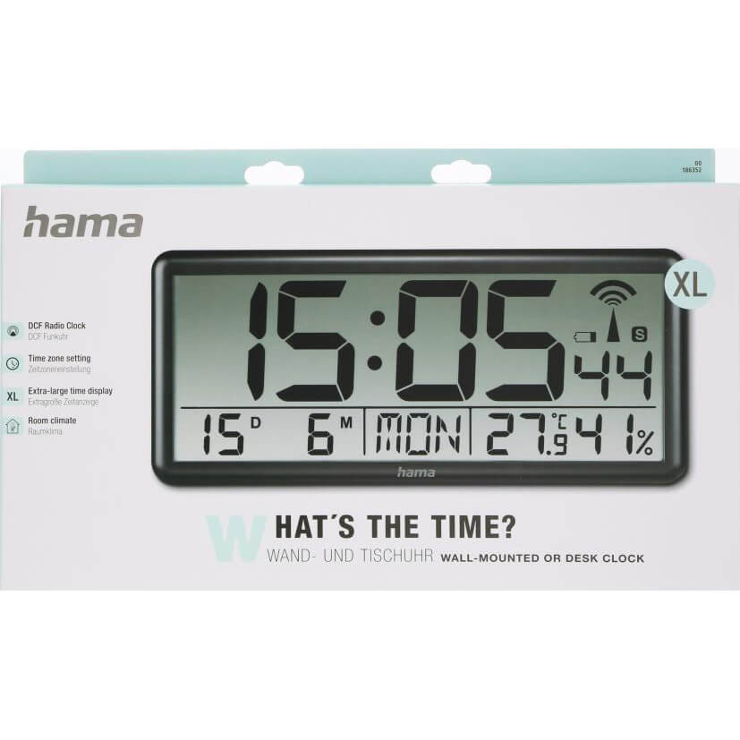 HAMA Wall Clock Digital Jumbo Radio Controlled Black